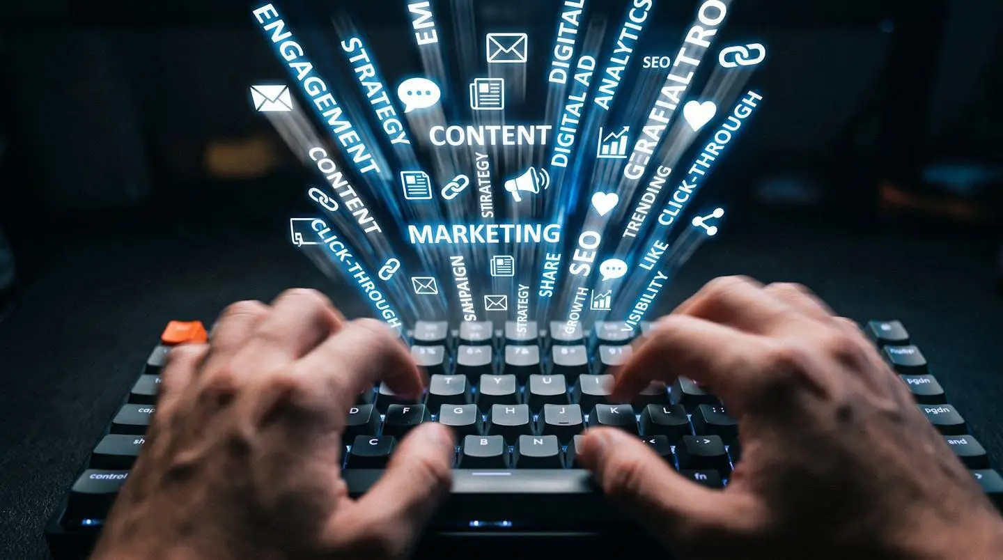 Photographie conceptuelle d'un clavier avec des mains tapant rapidement, d'où s'échappent des flux lumineux de mots et icônes de contenu symbolisant la création accélérée.