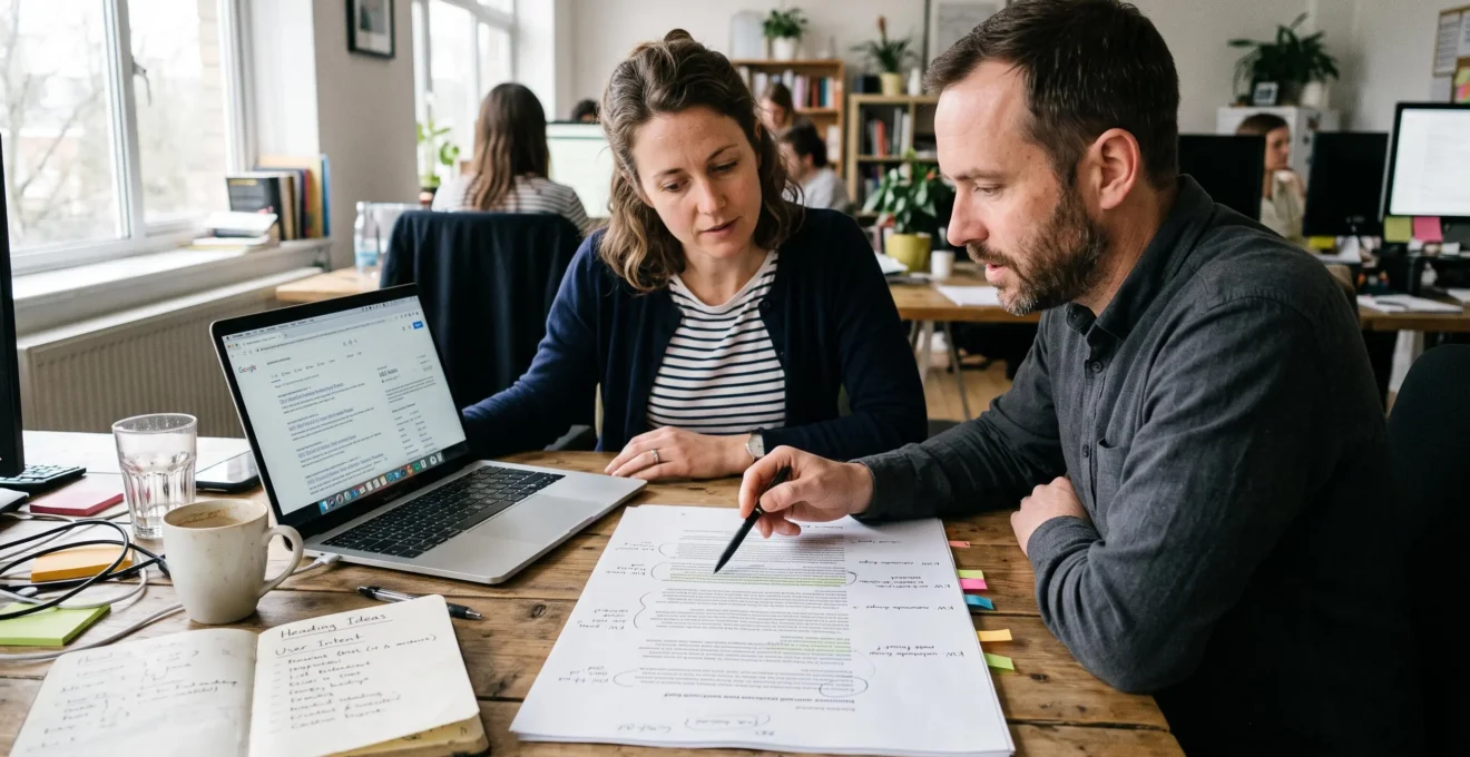 Un rédacteur et un consultant SEO comparent un article imprimé annoté avec des résultats de recherche sur un ordinateur portable, pour aligner le contenu sur l'intention de recherche.