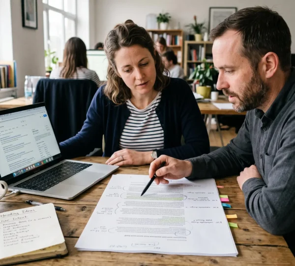 Un rédacteur et un consultant SEO comparent un article imprimé annoté avec des résultats de recherche sur un ordinateur portable, pour aligner le contenu sur l'intention de recherche.