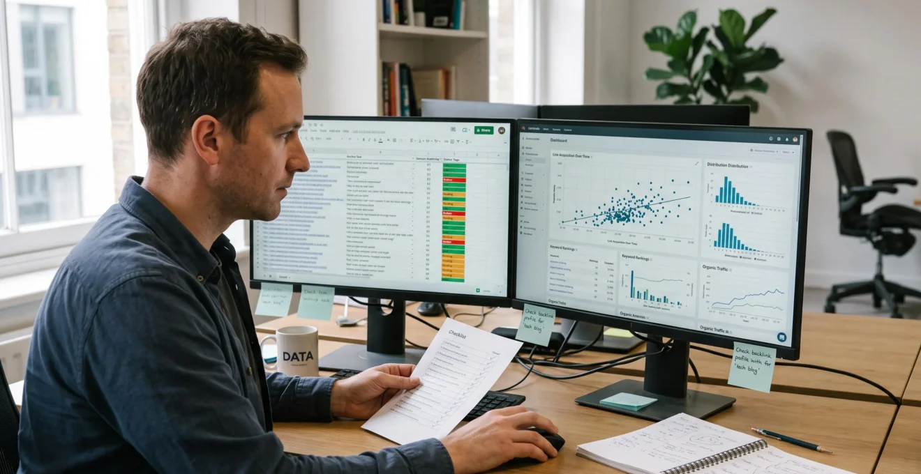 Un consultant SEO compare sur deux écrans un tableau détaillé de liens entrants et des graphiques de distribution pour évaluer la composition de son profil de backlinks.
