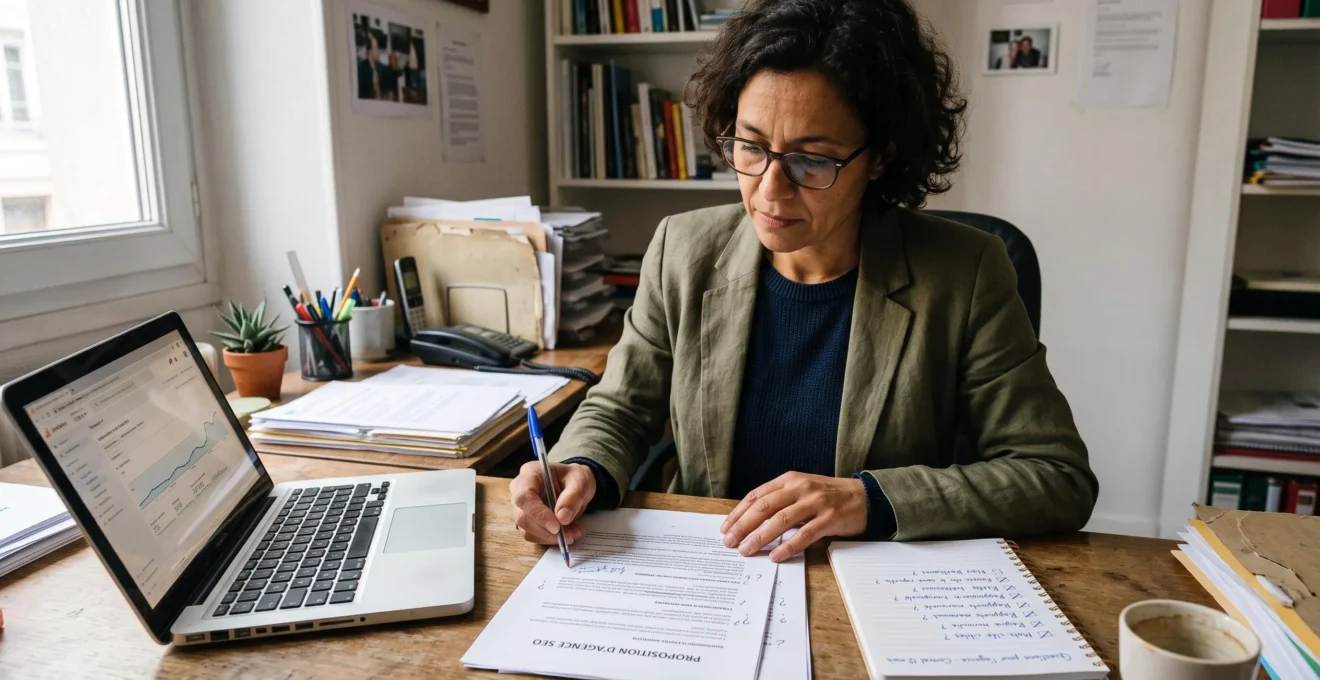 Un dirigeant d'entreprise religne une proposition d'agence SEO imprimée avec un stylo, une liste de questions posée à côté de lui sur le bureau.