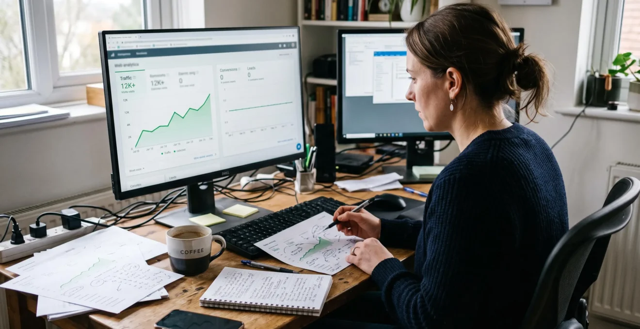 Une consultante marketing analyse sur son écran des courbes de trafic en hausse face à un rapport de leads resté à zéro.