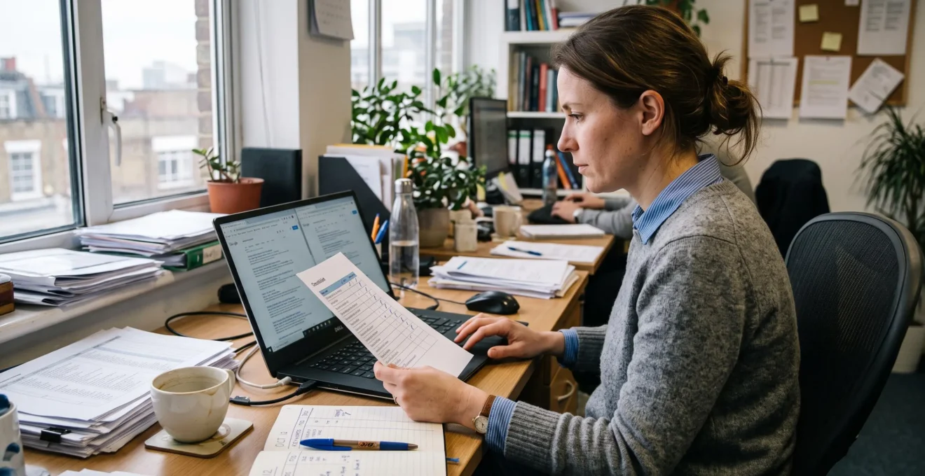 Une analyste web compare deux pages de résultats sur son ordinateur portable avec une grille de suivi imprimée posée sur son bureau.