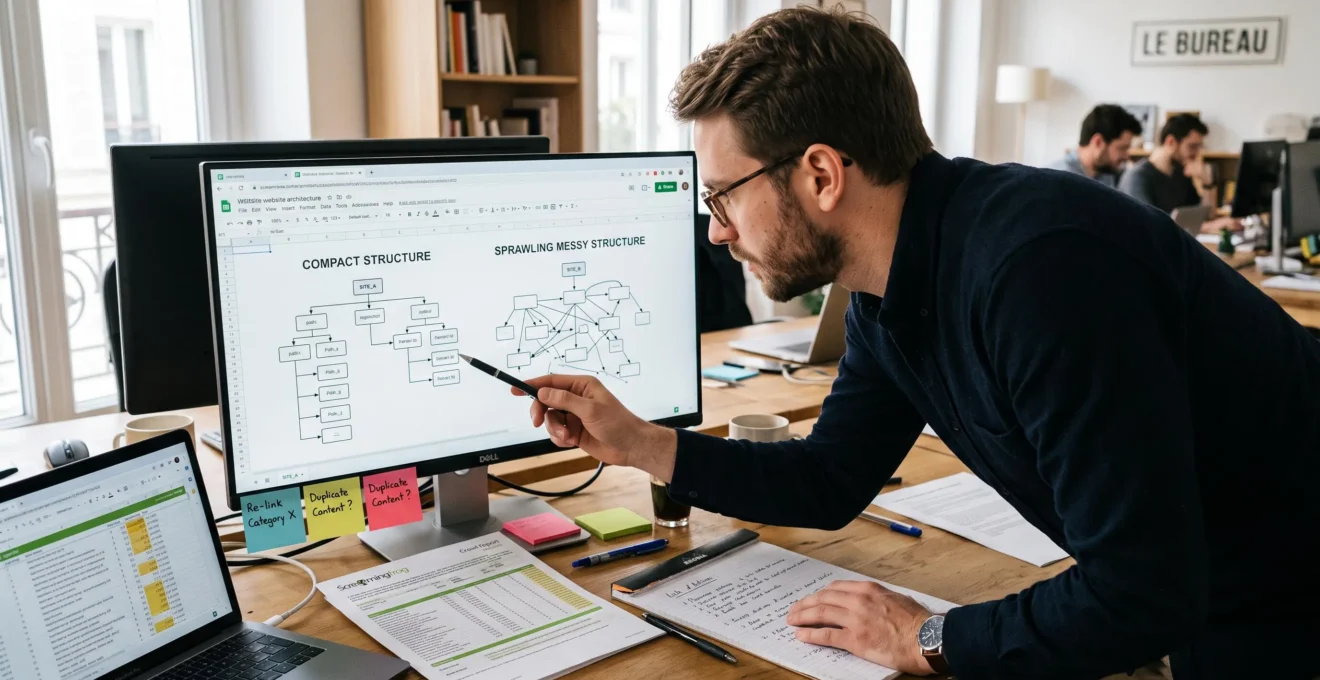 Un analyste web compare sur son écran deux structures de site côte à côte, un site compact et un site volumineux mal maillé, en notant des actions sur un carnet.