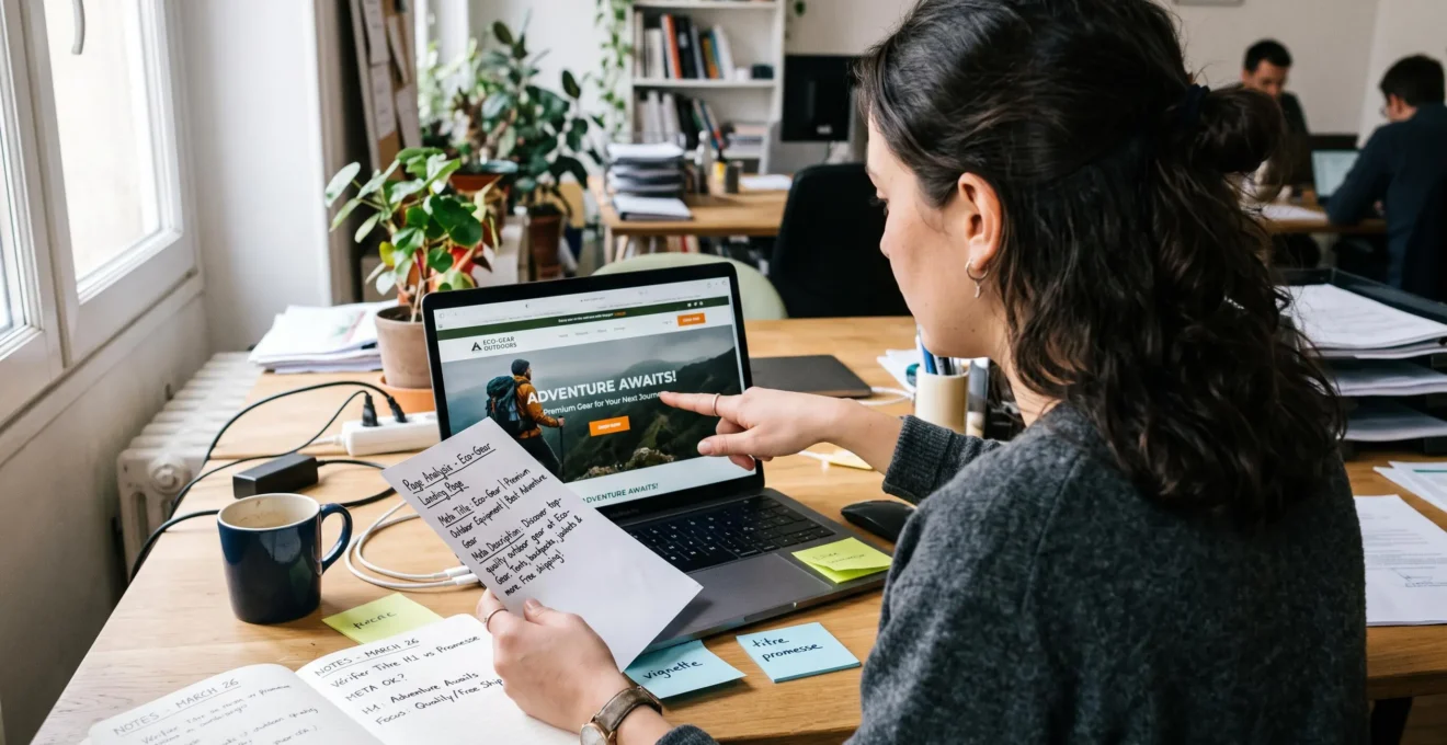 Analyste marketing comparant le titre d'une page imprimé avec le contenu réel affiché sur son écran d'ordinateur.