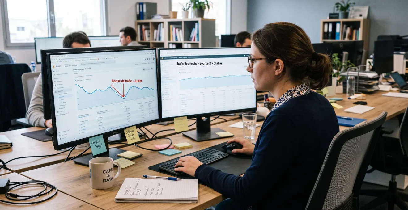 Un analyste web compare sur deux écrans les courbes de trafic de deux moteurs de recherche dans un bureau.