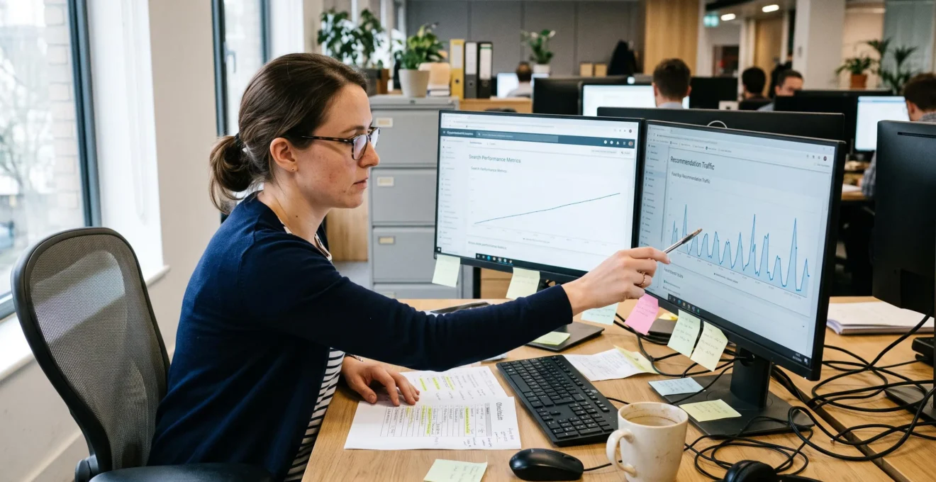 Une analyste compare sur deux écrans les courbes de trafic d'un moteur de recherche et celles d'un flux de recommandation, stylo en main, dans un bureau en lumière naturelle.
