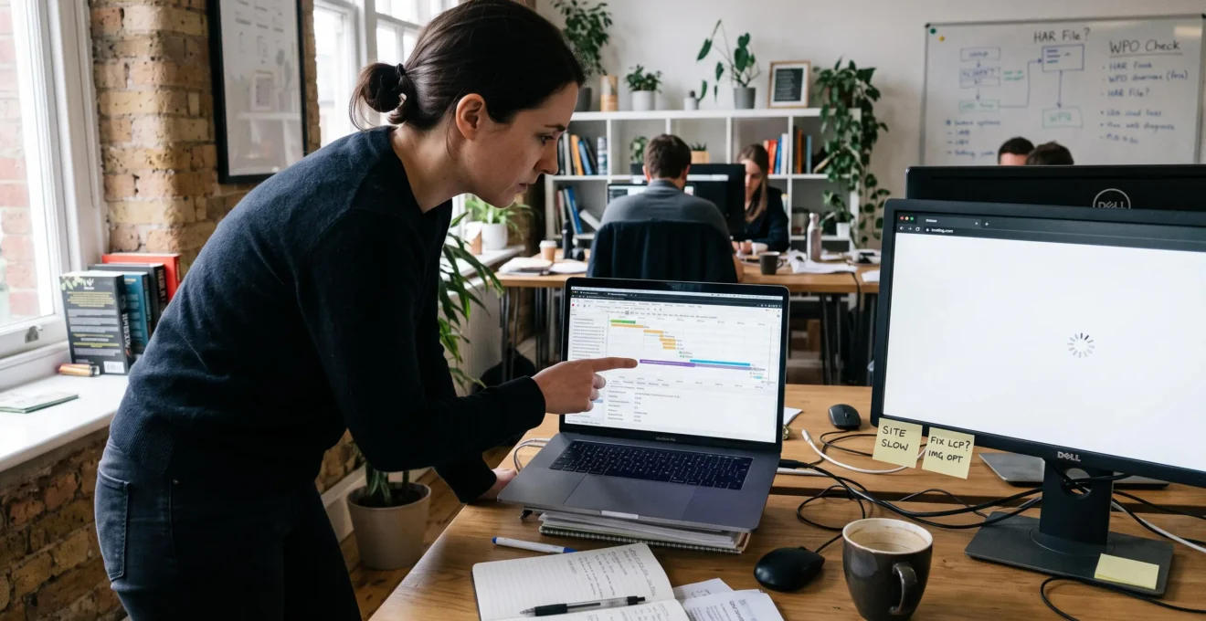 Un consultant analyse un chronométrage de chargement de page web sur un double écran dans un bureau.