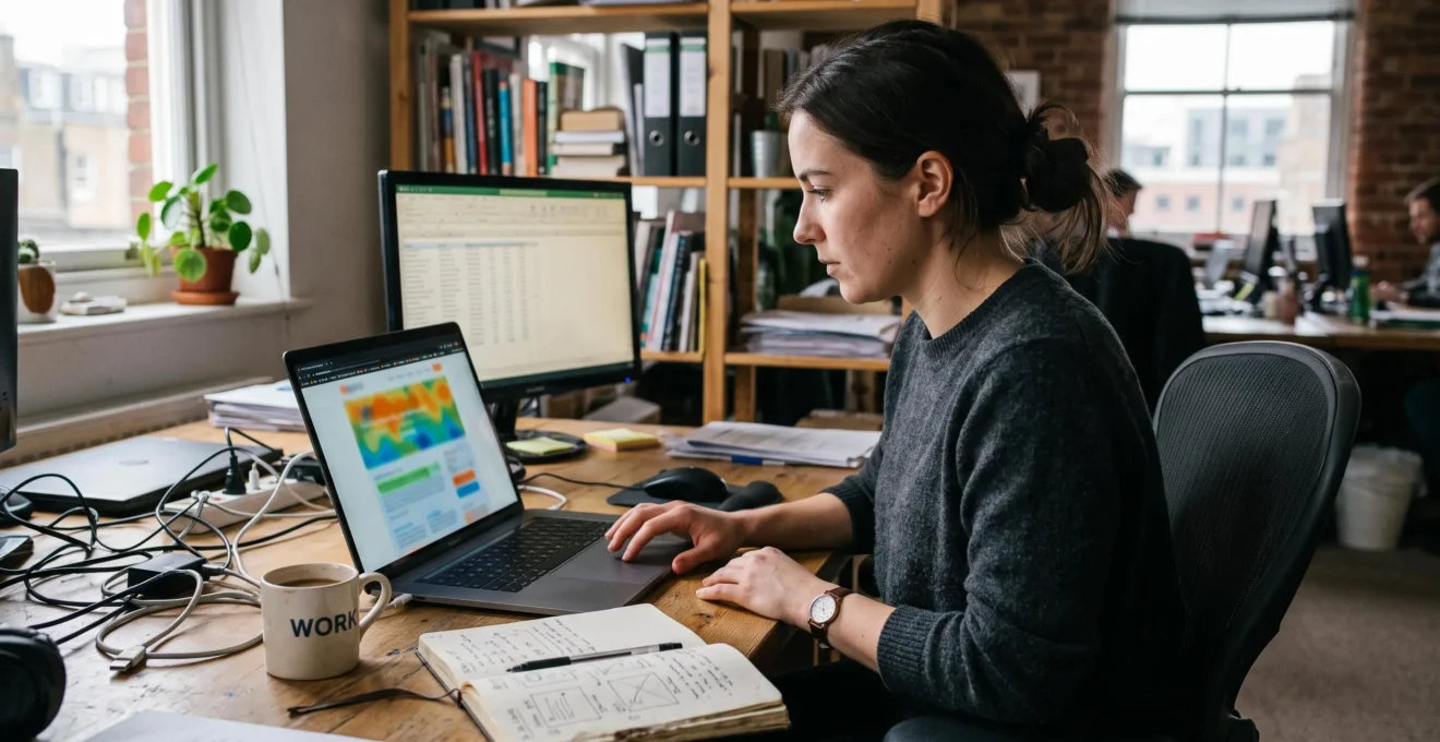 Un consultant SEO analyse sur son ordinateur portable une visualisation de profondeur de scroll colorée appliquée à une page web.