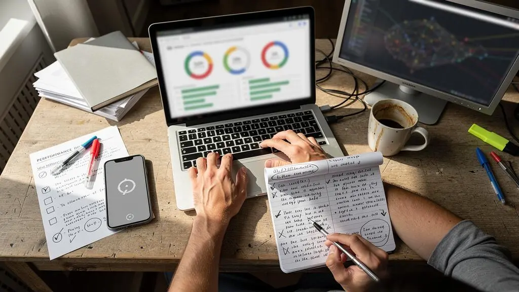 Consultant web analysant un rapport de performance sur son ordinateur portable, un bloc de notes annotées à la main à côté de lui.