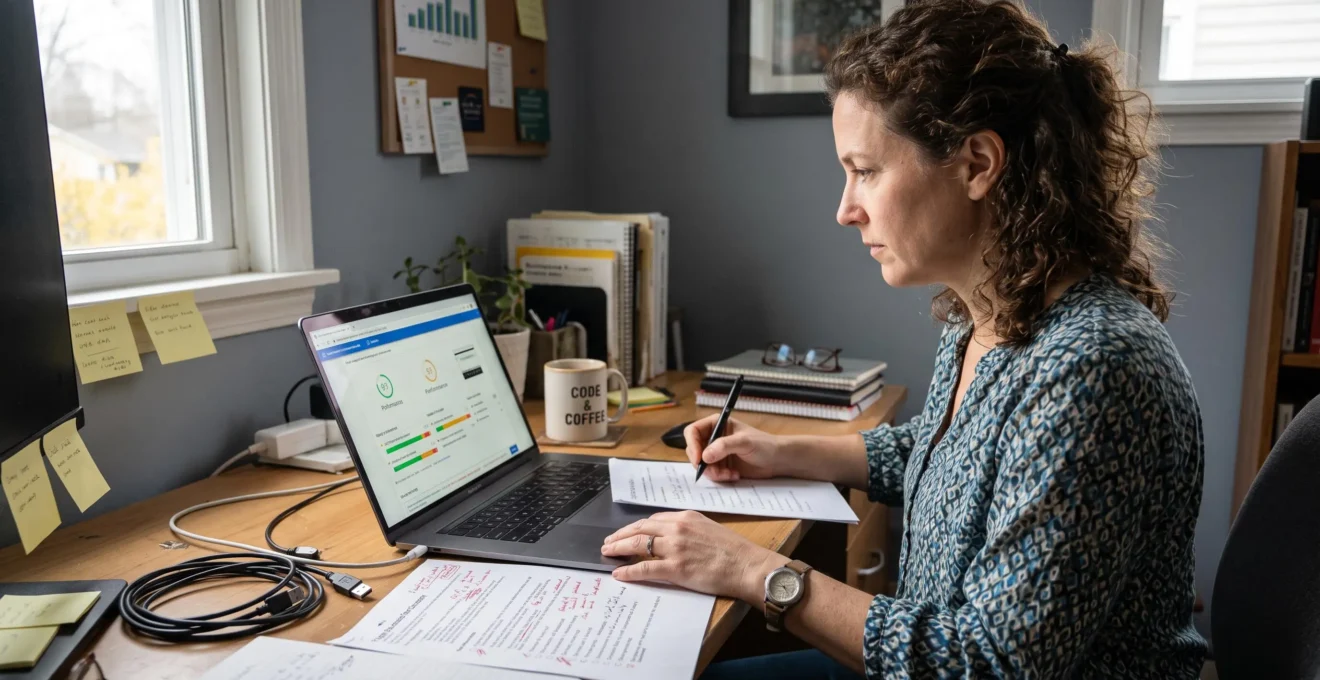 Un consultant vérifie les résultats d'un test de performance d'un site web sur son ordinateur portable avant de valider une prestation.