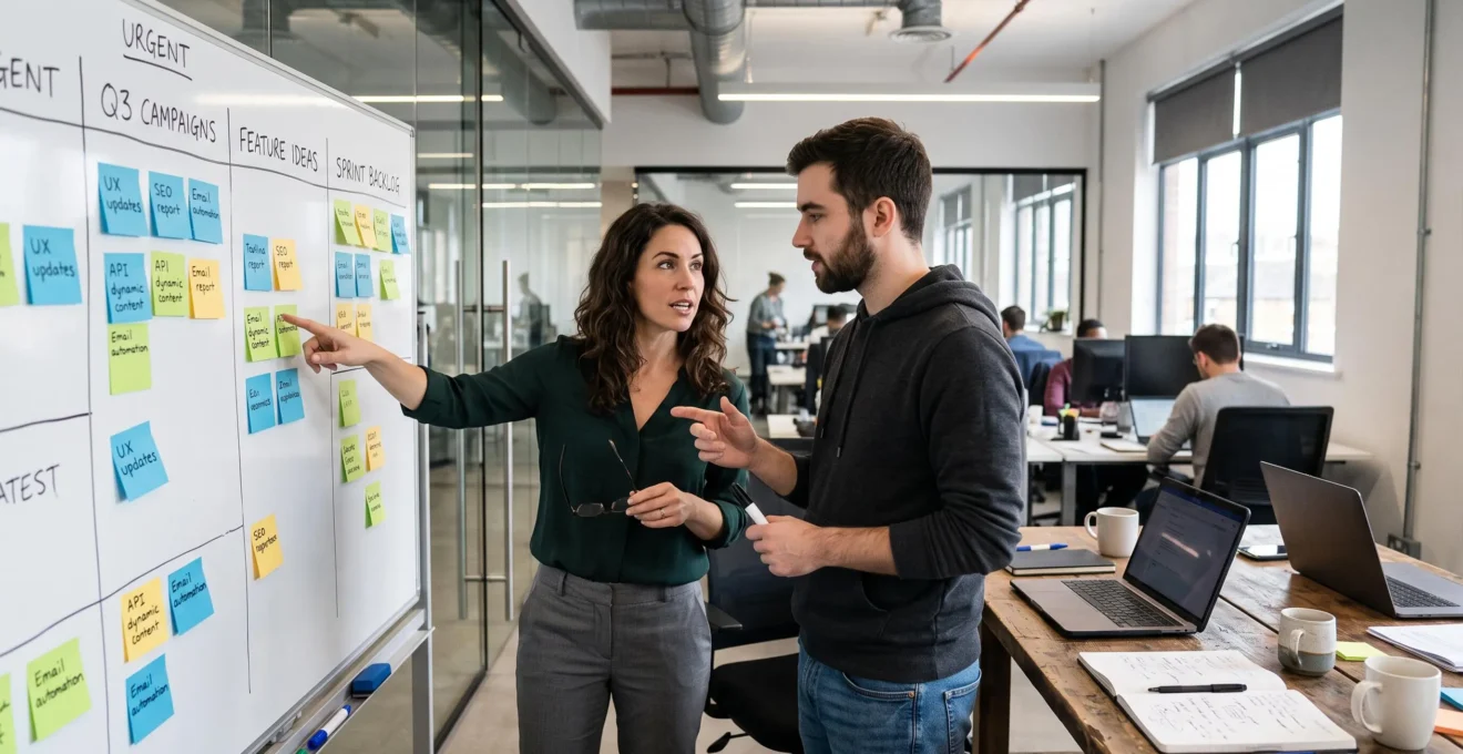Un consultant et un développeur débattent ensemble des priorités affichées sur un tableau blanc couvert de notes dans un bureau technique.