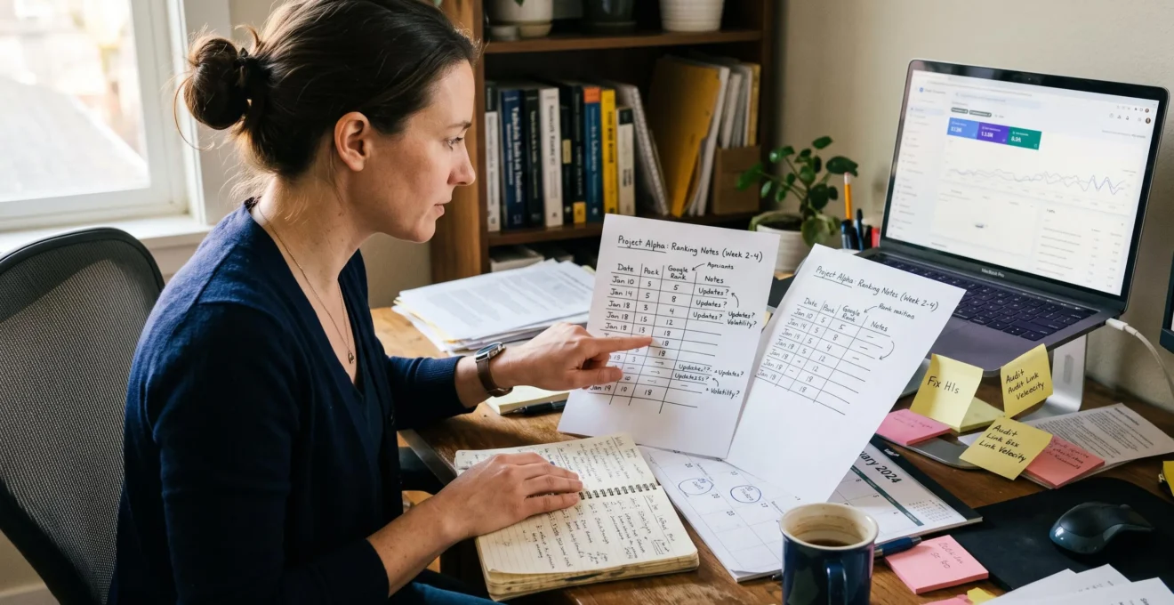 Un consultant SEO compare deux pages de notes imprimées et un journal de suivi des positions sur son bureau