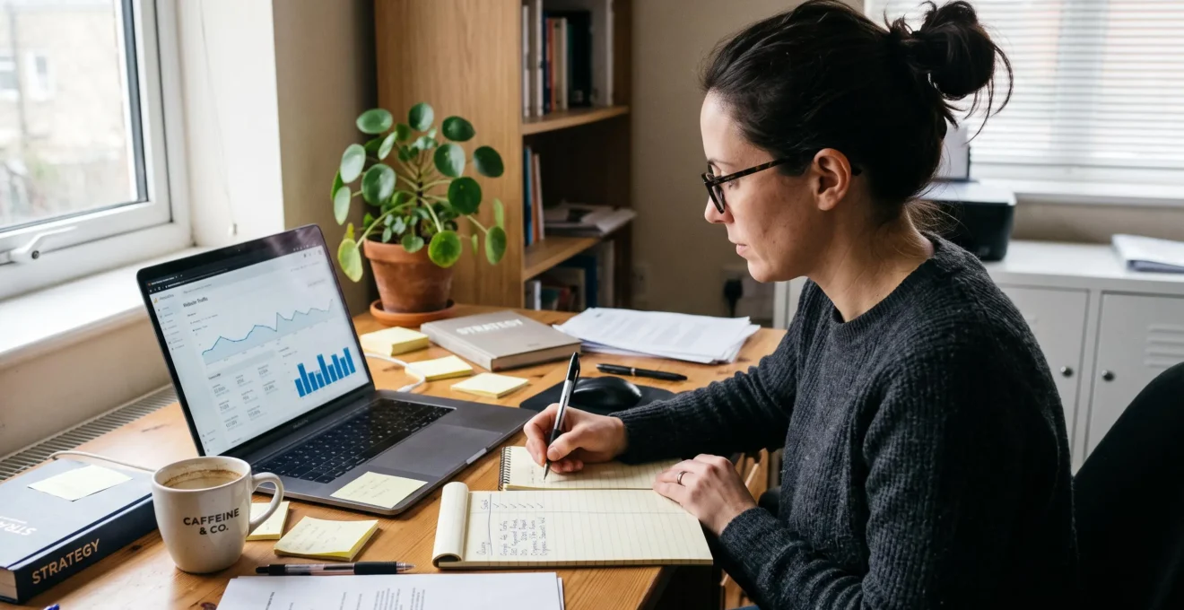 Un consultant en marketing compare un tableau de bord de trafic sur son ordinateur et une liste de requêtes triées sur son bloc-notes.