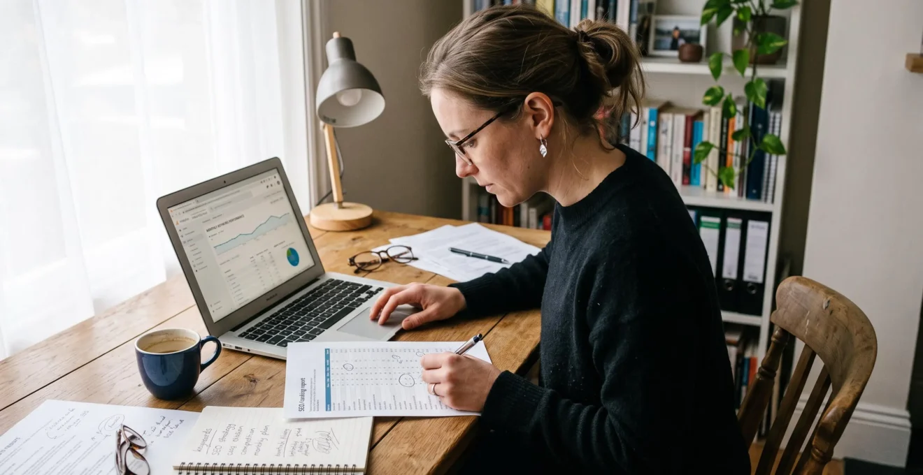 Une consultante en marketing digital compare un rapport imprimé de classement avec des données de recherche affichées sur son ordinateur portable.
