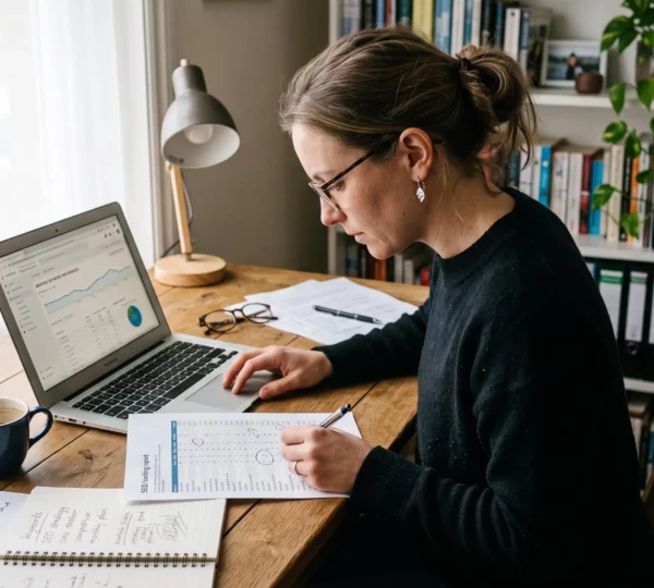 Une consultante en marketing digital compare un rapport imprimé de classement avec des données de recherche affichées sur son ordinateur portable.