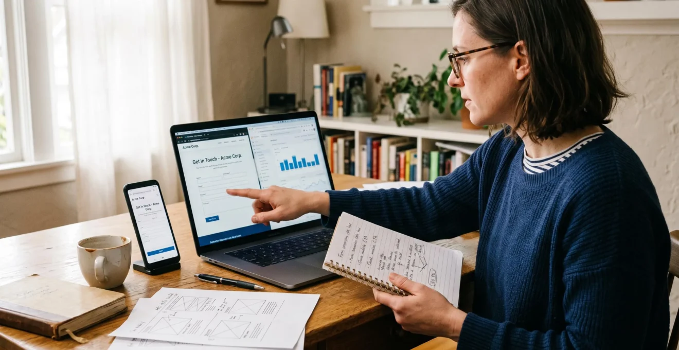 Une consultante web analyse sur son ordinateur portable une page de contact accompagnée de données de mesure d'audience, le doigt pointé vers le formulaire, dans un bureau lumineux.