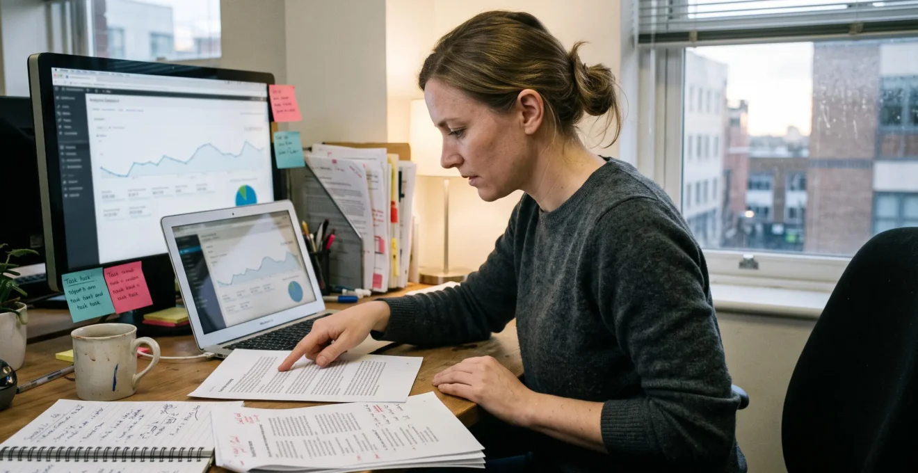 Une consultante web compare des pages imprimées et un tableau de bord analytique sur son ordinateur portable dans son bureau.