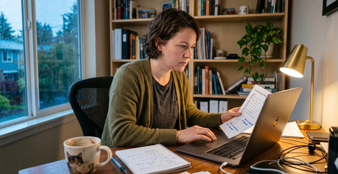 Une consultante web examine des données de performance de recherche sur son ordinateur portable dans un bureau domestique en fin de journée, une liste de priorités manuscrite en main.