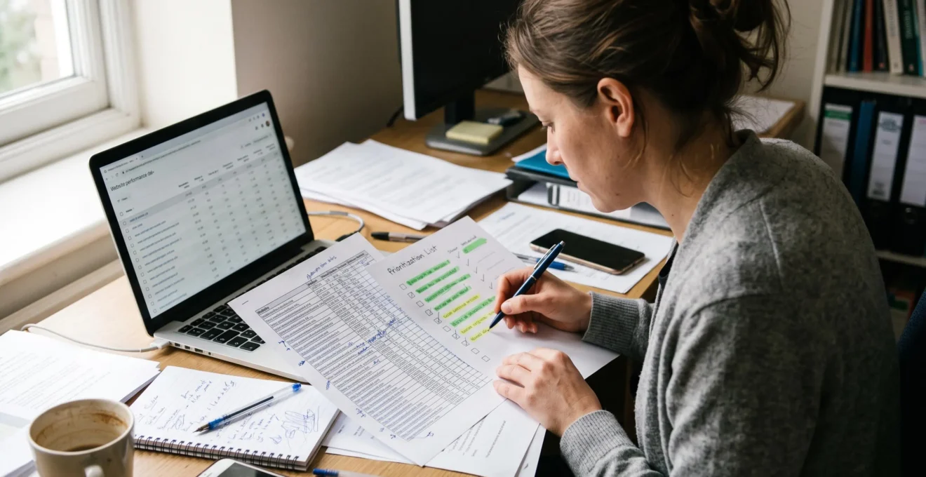 Une consultante SEO compare une liste exportée de backlinks avec une grille de priorisation annotée sur son bureau de travail.