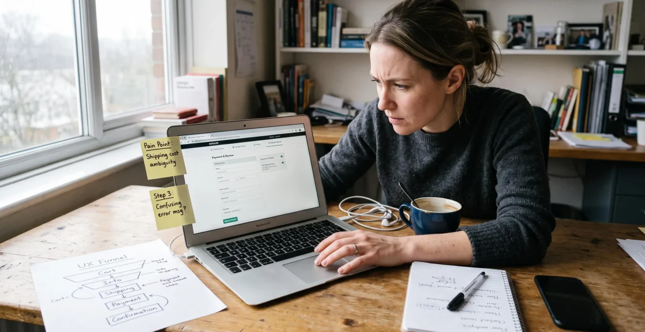 Une consultante UX navigue sur un parcours d'achat sur son ordinateur portable, entourée de notes et d'un schéma d'entonnoir dessiné à la main sur son bureau.