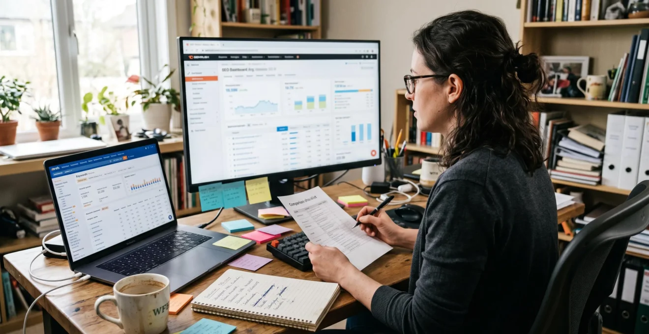 Une consultante en marketing digital compare deux outils SEO sur un écran et un ordinateur portable, avec une liste de critères en main.