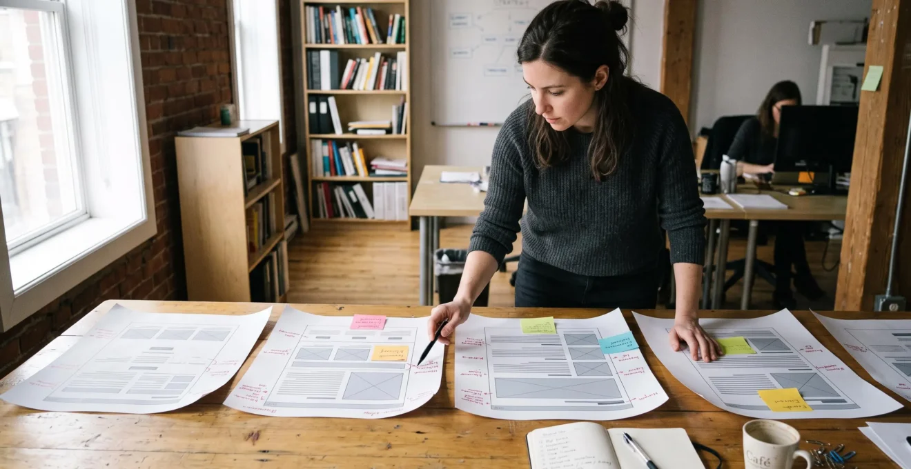 Une consultante SEO compare plusieurs pages web imprimées annotées posées côte à côte sur une grande table de bureau.