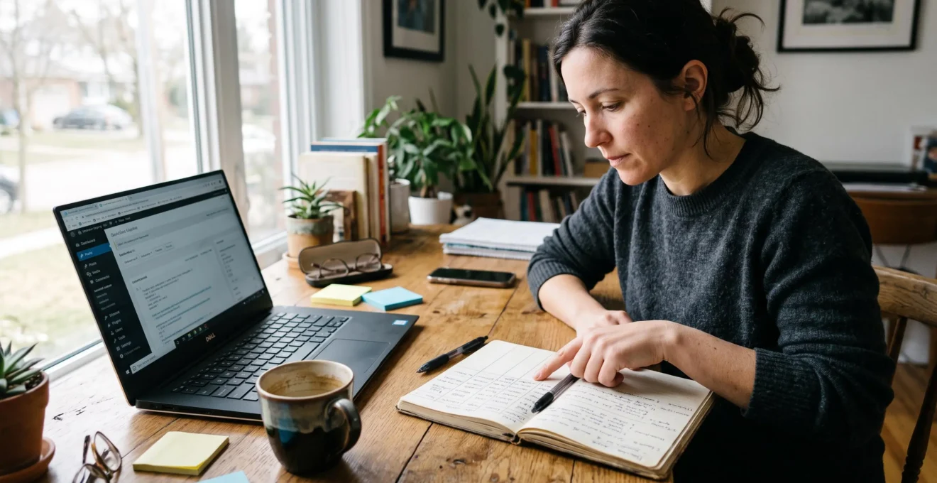 Une consultante en marketing digital consulte son journal de veille manuscrit à côté de son ordinateur portable dans un bureau lumineux.