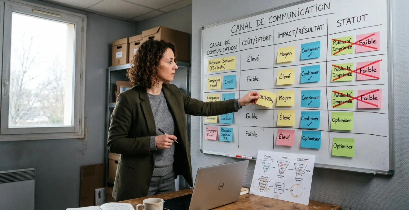 Une consultante en marketing déplace des notes sur une grille dessinée au tableau blanc pour organiser la répartition de ses canaux de communication.