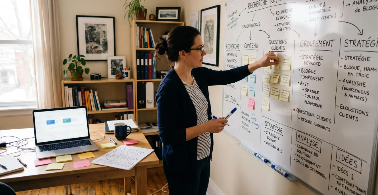 Une consultante en marketing digital organise des notes de questions clients en colonnes sur un tableau blanc dans son bureau.