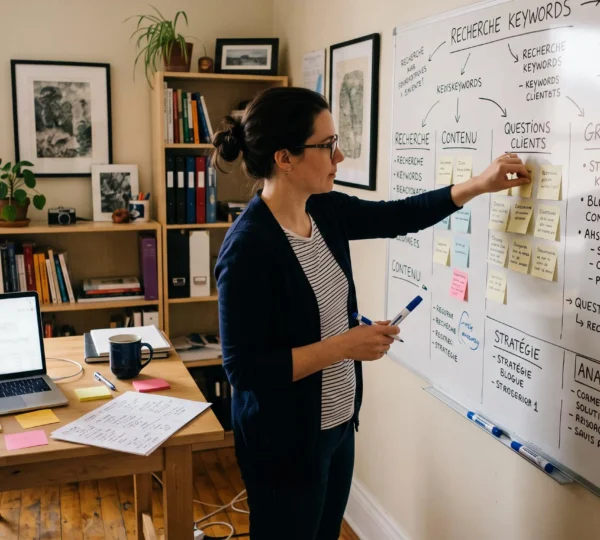 Une consultante en marketing digital organise des notes de questions clients en colonnes sur un tableau blanc dans son bureau.