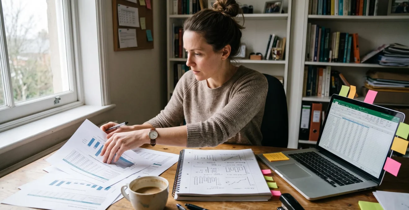 Une consultante en marketing digital prépare sur son bureau une étude sourcée avec un tableur et des documents imprimés.