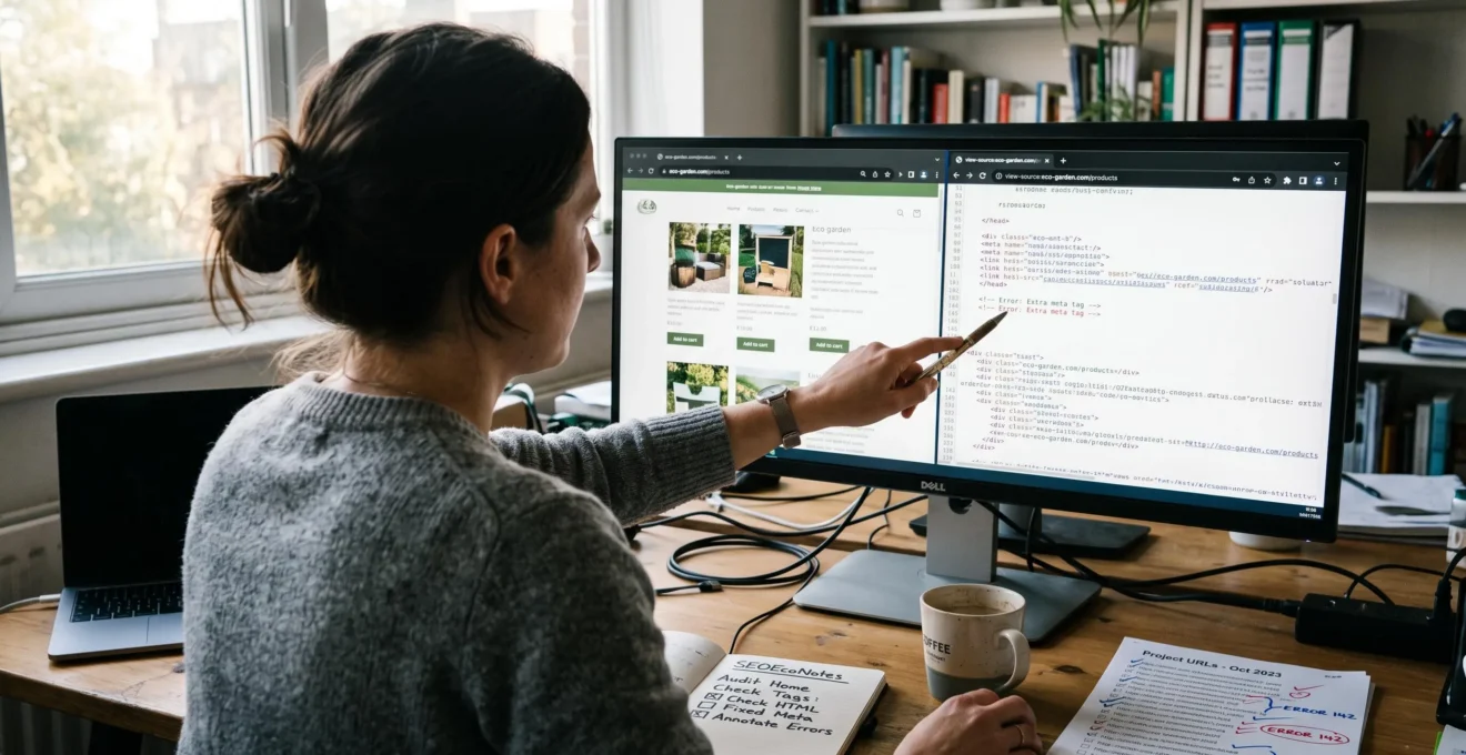 Une consultante SEO compare la version rendue d'une page web et son code source brut sur un écran, en pointant la différence avec un stylo.