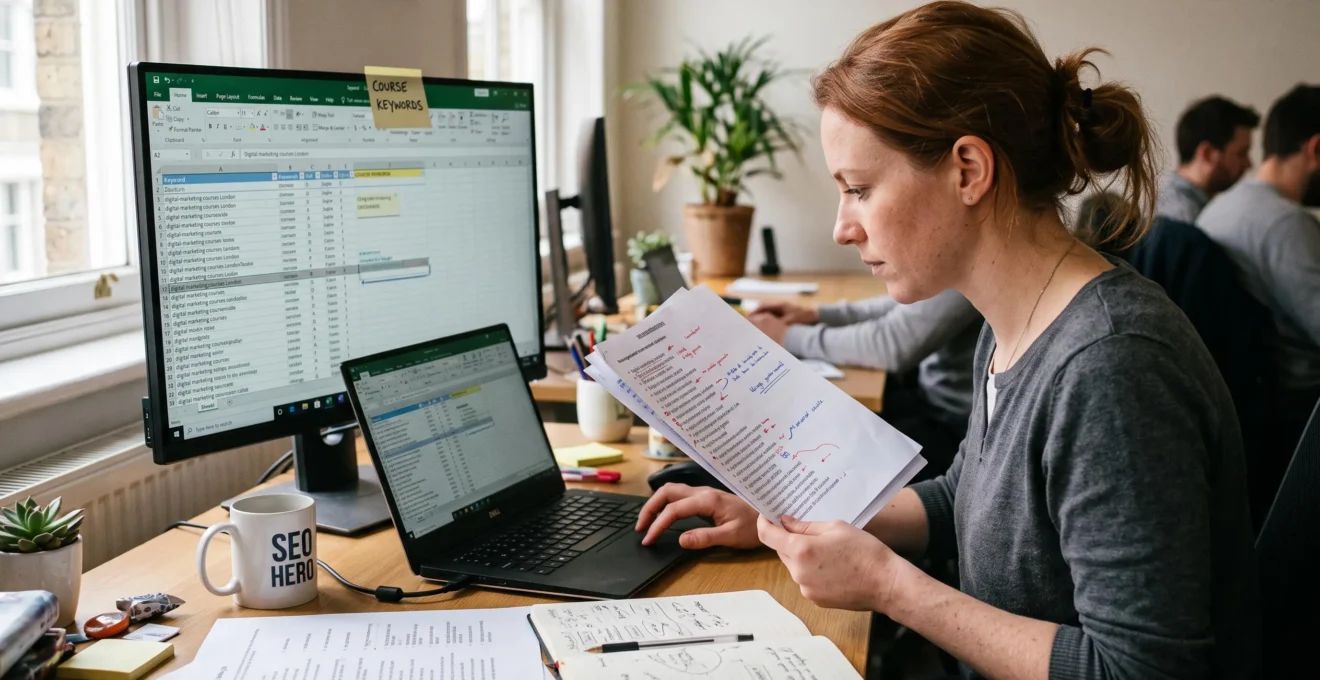 Une consultante SEO trie une liste de mots-clés dans un tableur sur double écran, des notes manuscrites et des impressions annotées posées sur son bureau.