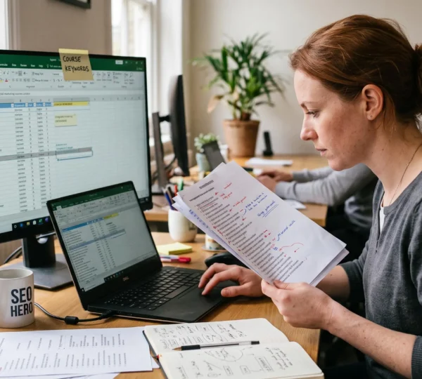 Une consultante SEO trie une liste de mots-clés dans un tableur sur double écran, des notes manuscrites et des impressions annotées posées sur son bureau.