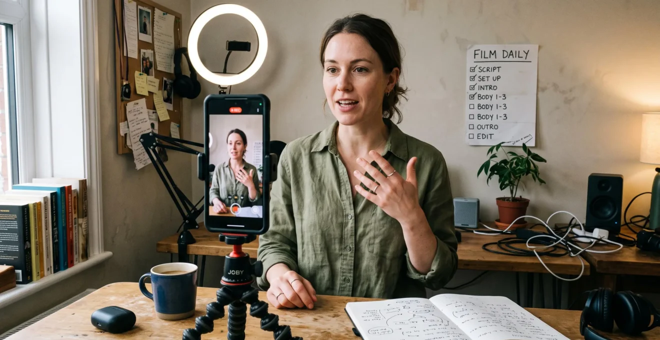 Une créatrice filme une story verticale avec son smartphone fixé sur un trépied dans un petit studio improvisé.