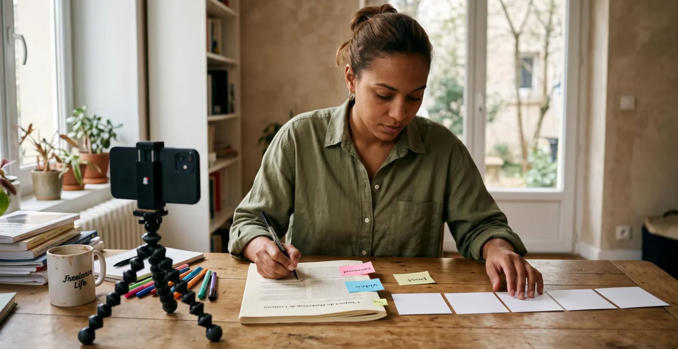 Une consultante découpe un article imprimé annoté en plusieurs formats de contenu, avec des cartes de carrousel et un smartphone sur trépied posés sur son bureau.
