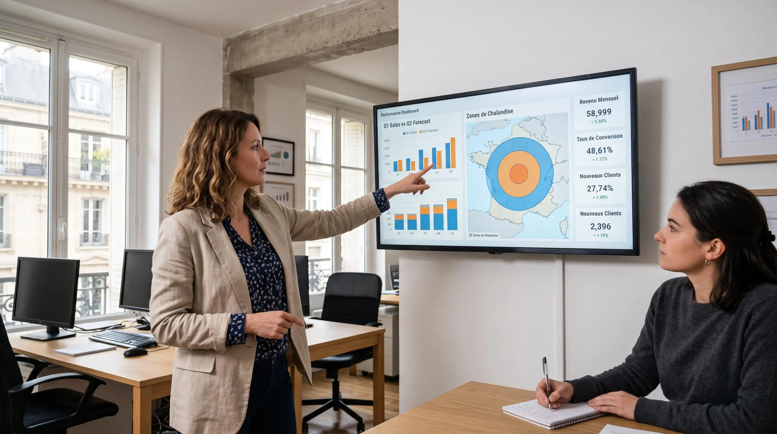 Directrice marketing d'une PME française analysant un tableau de bord de performance sur un grand écran mural avec une carte de zone de chalandise, accompagnée d'un collègue prenant des notes.