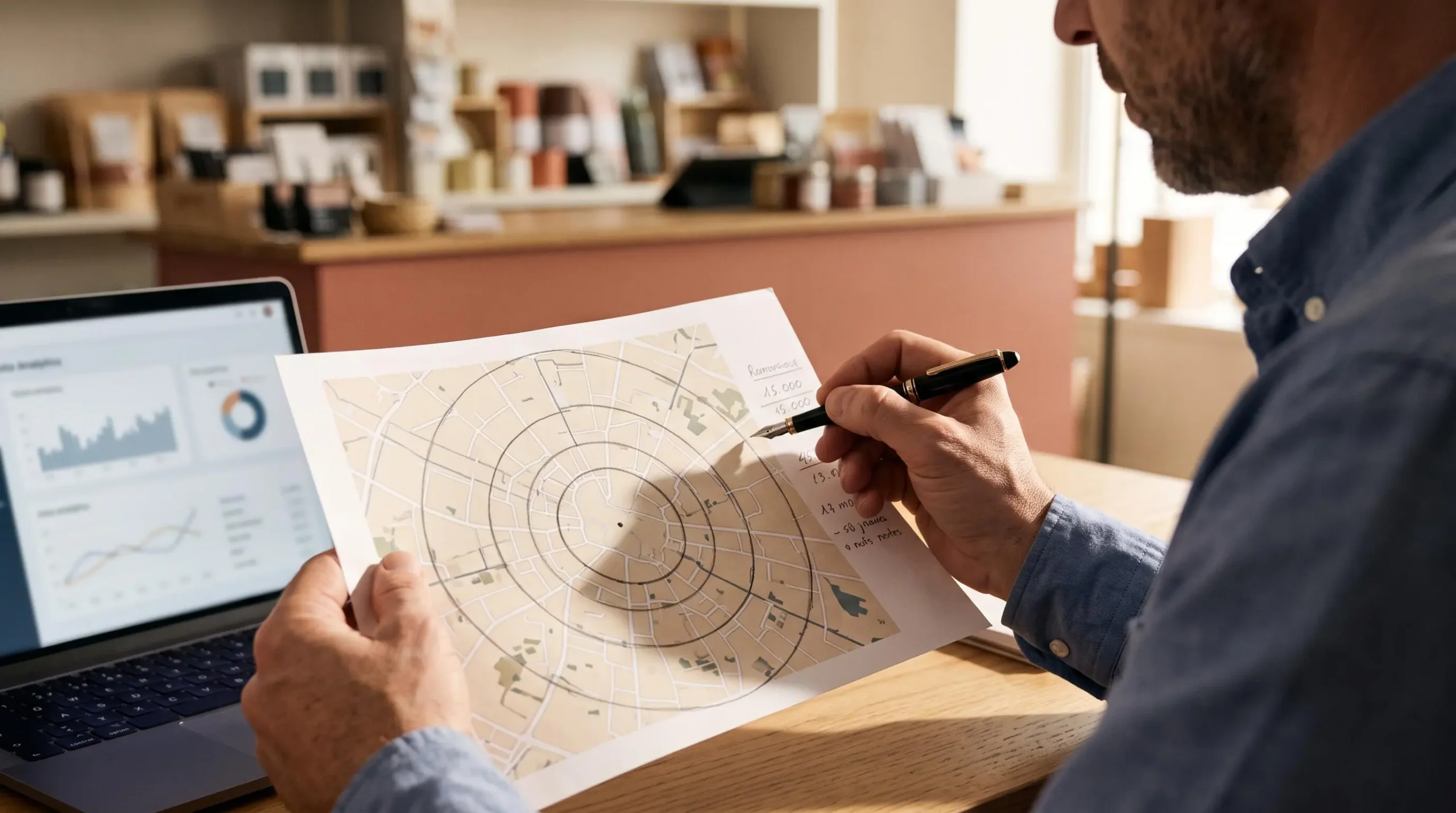 Dirigeant d'une PME française annotant à la main une carte de sa zone de chalandise avec des cercles concentriques et des chiffres de marge, un ordinateur portable posé à côté.
