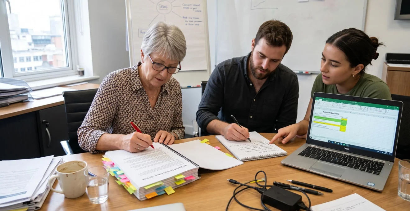 Une équipe de PME annote un rapport d'audit SEO imprimé et sélectionne quelques actions prioritaires autour d'une table de réunion.