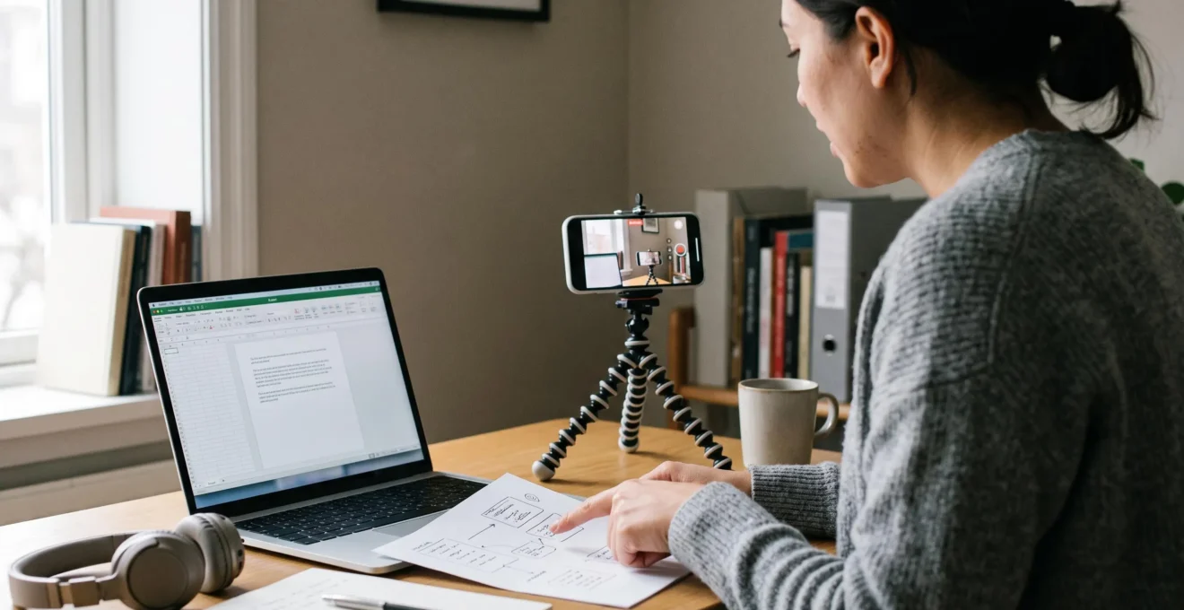 Une personne filme une vidéo verticale avec un smartphone fixé sur un trépied, sans montrer son visage, en s'appuyant sur des notes posées à côté d'un ordinateur portable.