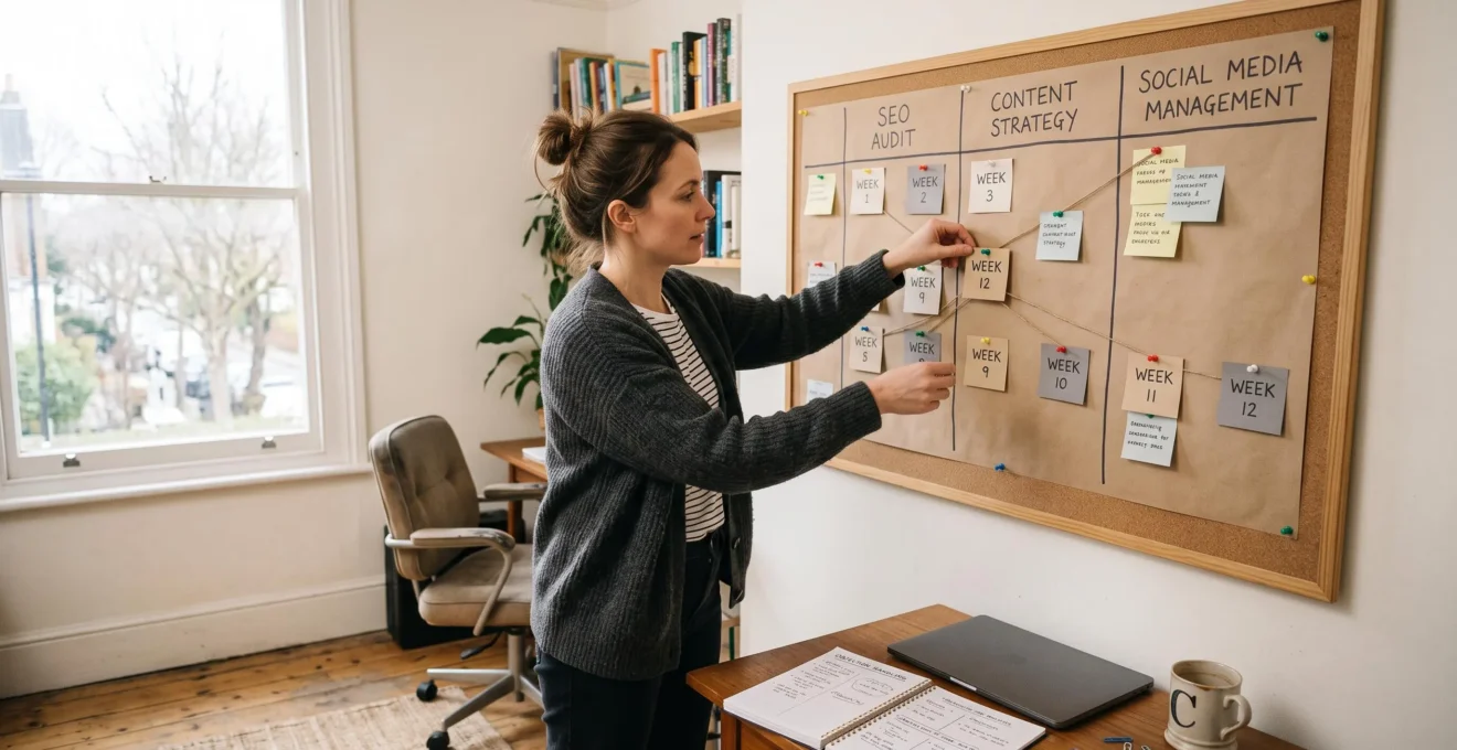 Une consultante en marketing digital positionne des cartes de semaines sur un tableau de planification murale divisé en trois colonnes.