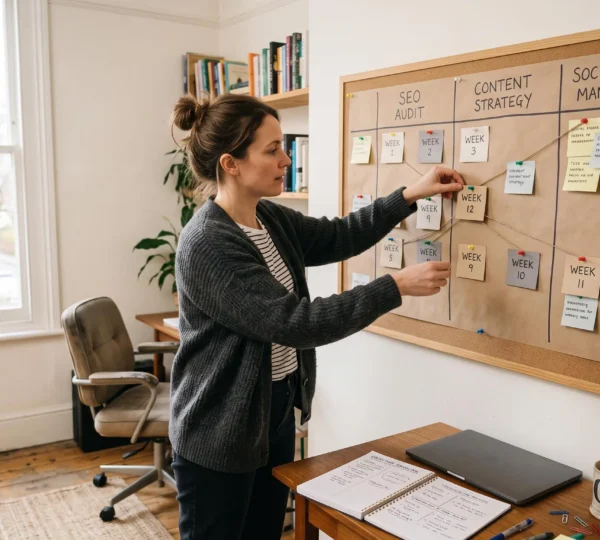Une consultante en marketing digital positionne des cartes de semaines sur un tableau de planification murale divisé en trois colonnes.