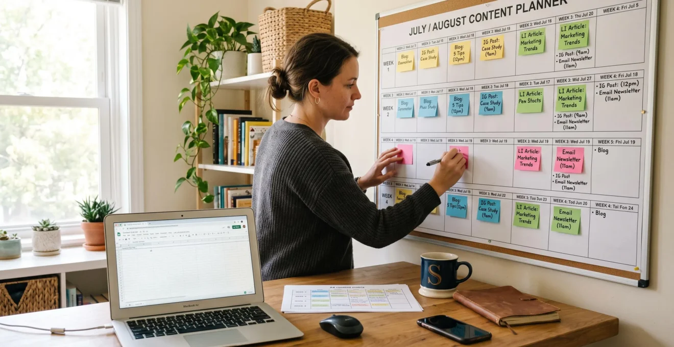 Une consultante marketing remplit un calendrier mural de deux semaines de publications prévues depuis son bureau.
