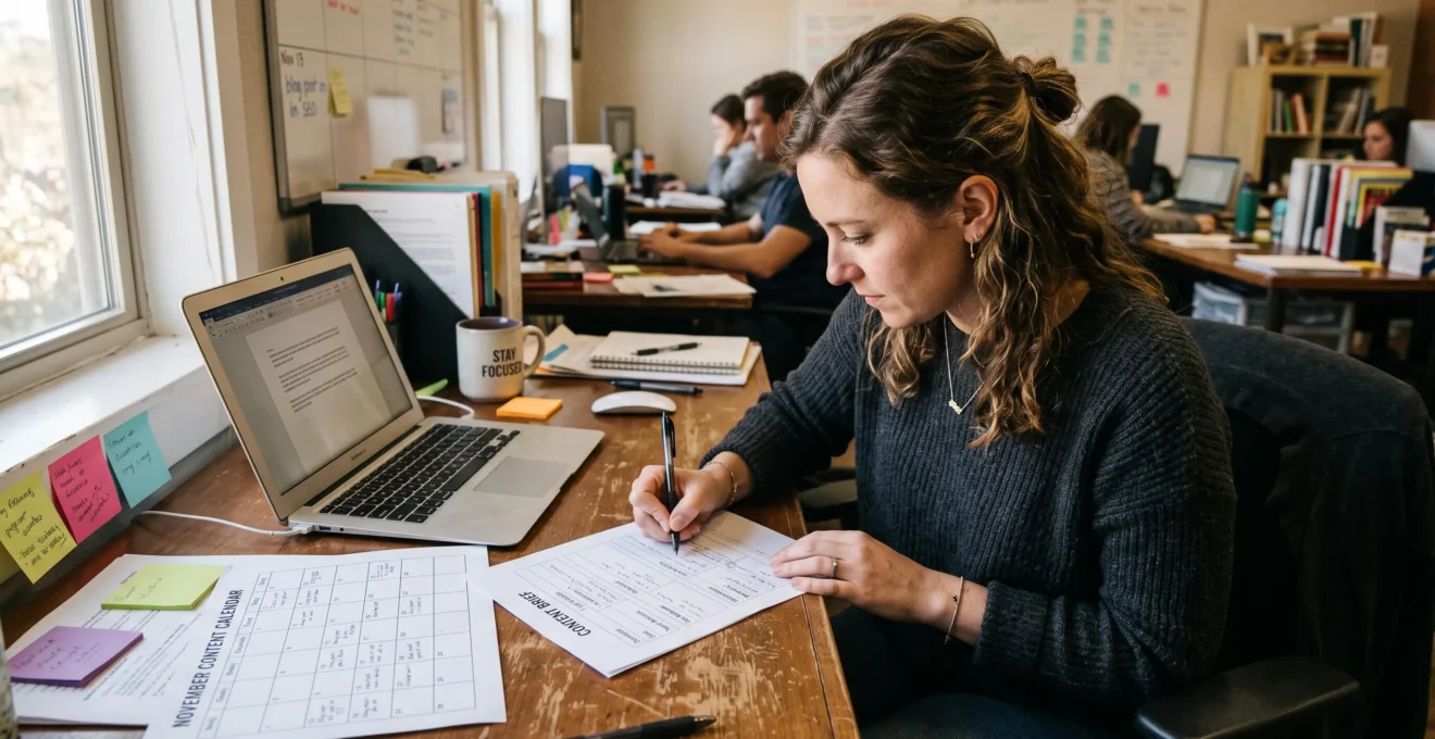 Un responsable marketing rédige un brief d'une page à la main sur son bureau, avec un calendrier éditorial imprimé et un ordinateur portable à côté.