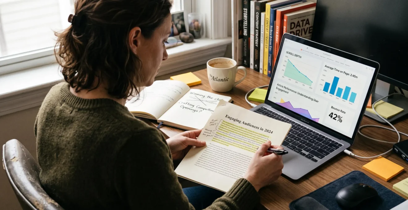 Une rédactrice compare un brouillon d'introduction annoté avec des données d'engagement affichées sur son ordinateur portable.