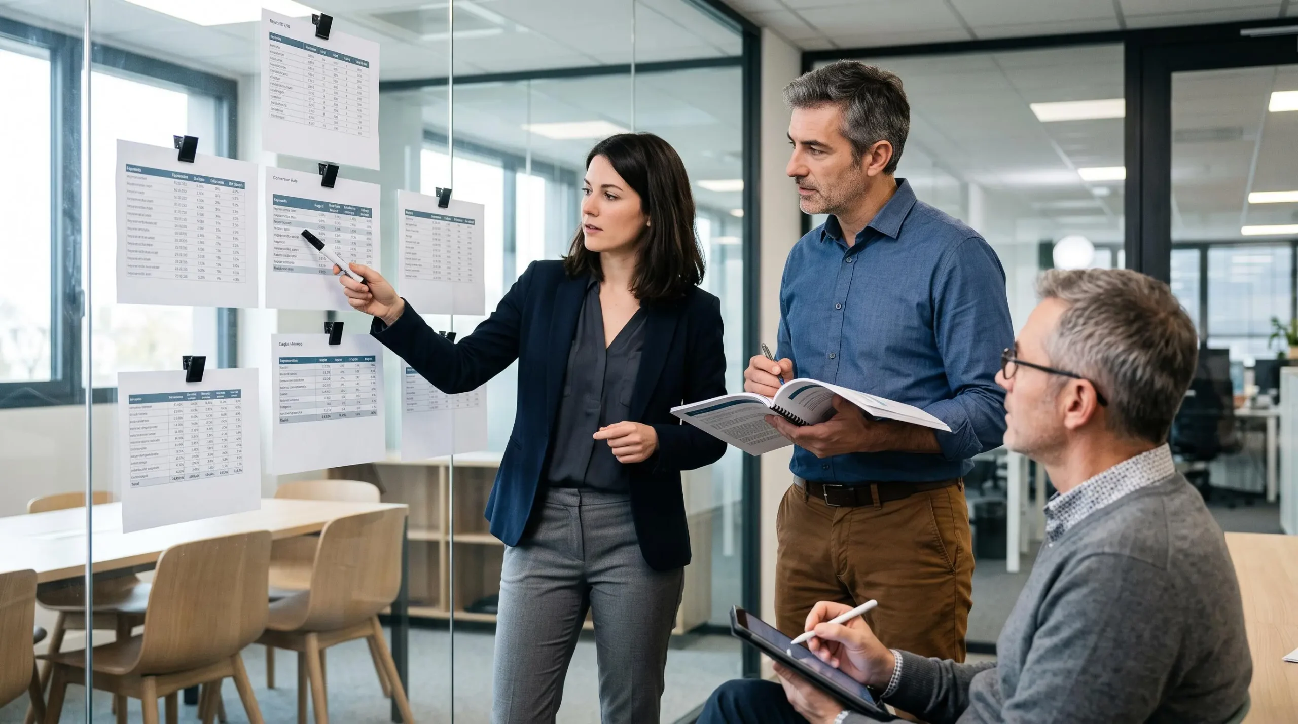 Trois professionnels réunis dans une salle de réunion d'une PME française analysant ensemble des tableaux de mots-clés et de répartition budgétaire imprimés et fixés sur une paroi vitrée.