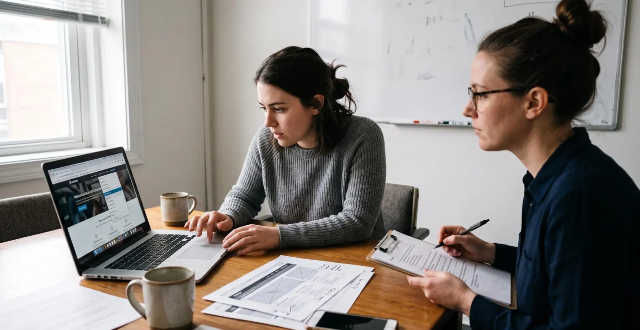 Une participante hésite devant le menu d'un site web sur un ordinateur portable pendant qu'une observatrice prend des notes lors d'un test d'utilisabilité.