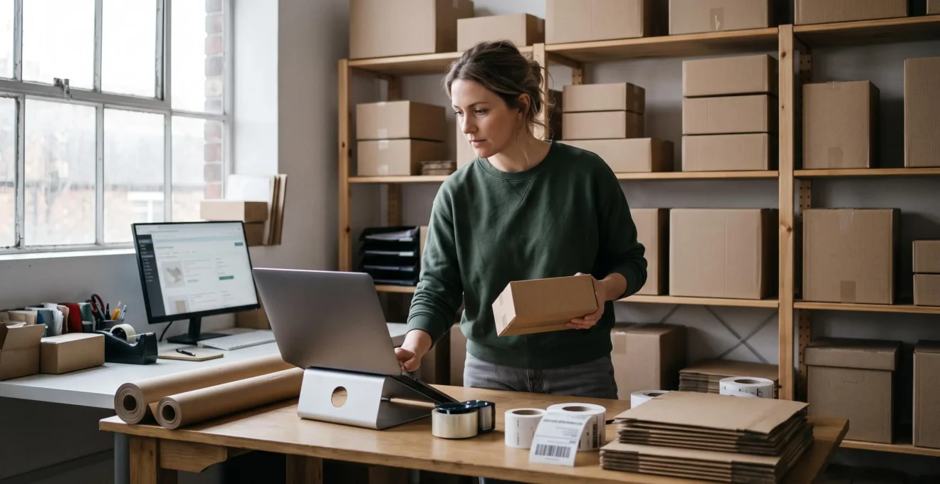 Une vendeuse en ligne consulte un ordinateur portable dans son atelier d'expédition entouré de cartons de produits.